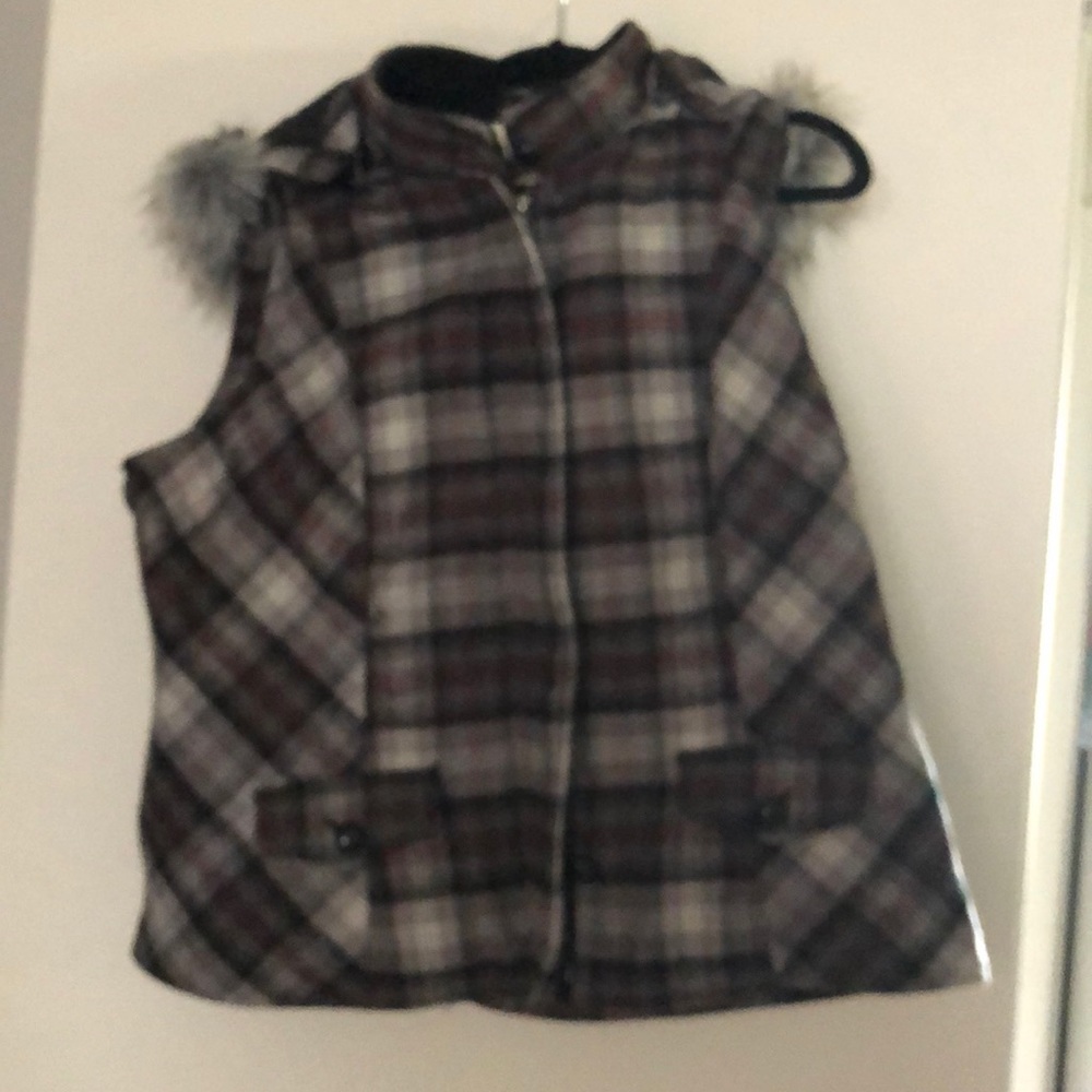 Plaid vest with faux fur hood